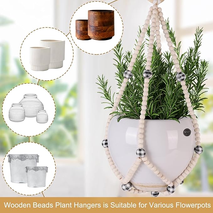 Hotfiary Plant Hanger Indoor Hanging Plant Holder Hang Planter Basket Wood Bead Decorative Flower Pot Holders Boho Farmhouse Rustic Decor Indoor Outdoor (Pot Not Included)