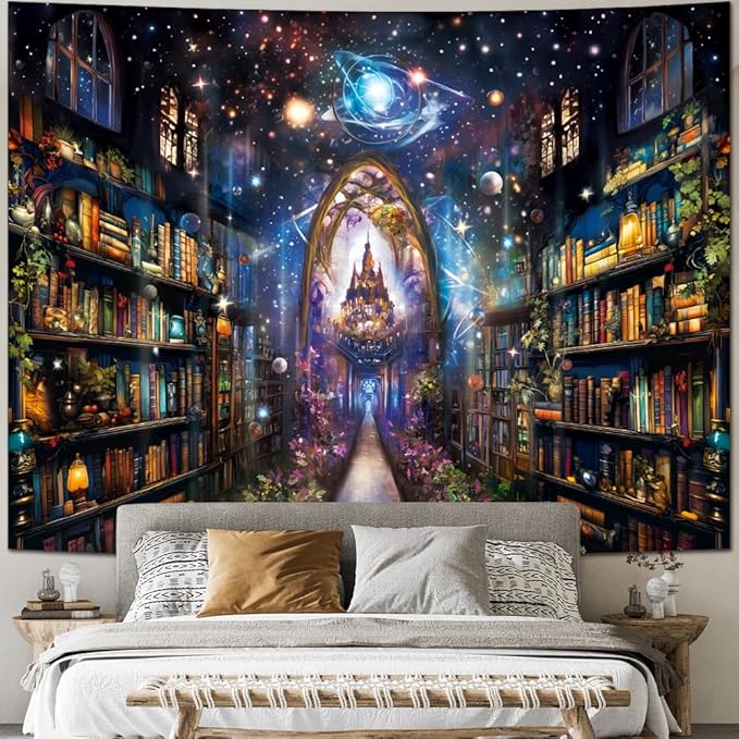 Heynvioo Mysterious Bookshelf Tapestry Galaxy Space Library Tapestry Fantasy Landscape Vintage Aesthetic Tapestries Book Decoration Wall Hanging Decor for Bedroom Home