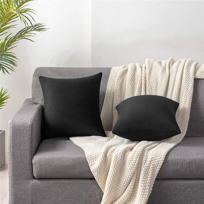 Throw Pillow Covers 20x20 Black: Pack of 2 Cozy Soft Velvet Square Modern Luxury Decorative Throw Pillow Cases for Sofa Couch Living Room Bed Home Decor