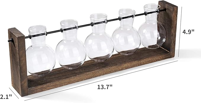 Mkono Plant Terrarium with Wooden Stand, Wall Hanging Glass Planter Desktop Plant Propagation Vase with Metal Swivel Retro Rack for Hydroponics Plants Home Office Decor (5 Bulb Vase)
