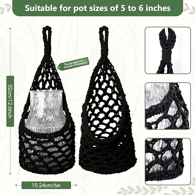 Macrame Wall Plant Hanger, Hanging Planter Basket Holder, Wall Planters for Indoor Plants, for Up to 6 Inch Pot (Black, 6-Inch)