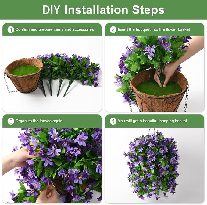 INQCMY Artificial Hanging Flowers in Basket for Outdoor Spring Summer Decoration,4pcs Faux Silk Violet in Planter UV Resistant for Outside Home Patio Garden Porch Deck Decor(Purple Orchid)