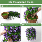 INQCMY Artificial Hanging Flowers in Basket for Outdoor Spring Summer Decoration,4pcs Faux Silk Violet in Planter UV Resistant for Outside Home Patio Garden Porch Deck Decor(Purple Orchid)