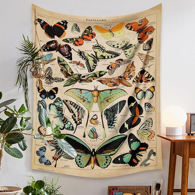 Vintage Butterfly Tapestry 48” x 36”, Long Vertical Wall Hanging Reference Illustrative Papillons Tapestries for Bedroom Aesthetic Butterfly Tapistry Cute Vertical Tapestry Wall Hanging Bedroom Decor