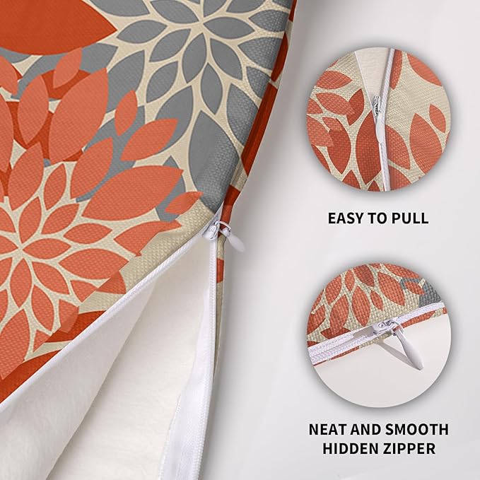 Orange Grey Gray Pillow Covers 16X16 Inch Set of 2, Fall Colored Modern Geometry Dahlia Floral Print Decorative Throw Pillow Covers Outdoor Farmhouse Cushion Case for Couch Sofa Bed Decor