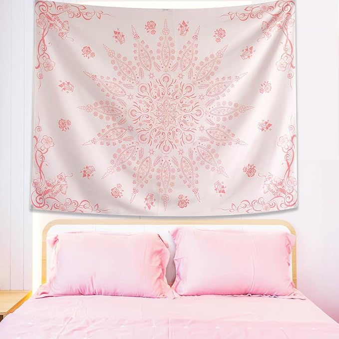 KJHL Floral Bohemian Tapestry Black and White Flower Aesthetic Tapestry Mandala Room Decor Wall Hanging Boho Tapestries for Bedroom Dorm(Pink, 44" x 60")