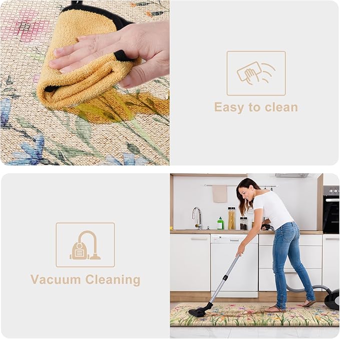 KIMODE Anti Fatigue Kitchen Mat, 17"x47"+17"x29" Floral Kitchen Rugs Sets of 2, Farmhouse Kitchen Floor Mats Non-Slip Cushioned, Comfort Standing Desk Mat for Sink, Laundry,Home Brown