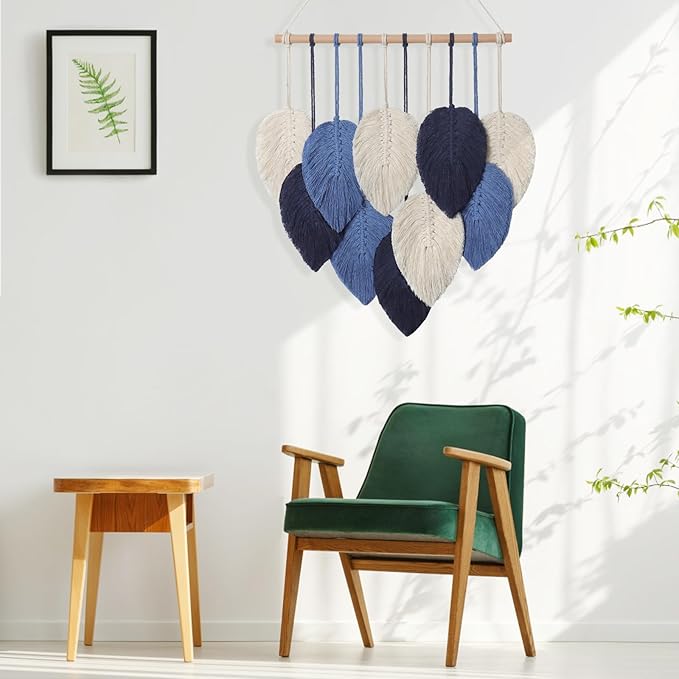 Weldomcor Macrame Wall Hanging Leaves Chic Woven Leaf Tassels Decoration Cotton Ornaments Tapestry Room Decor Modern Bohemian Handmade Feather Wall Art Decorations for Apartment Backdrop (Navy Blue)