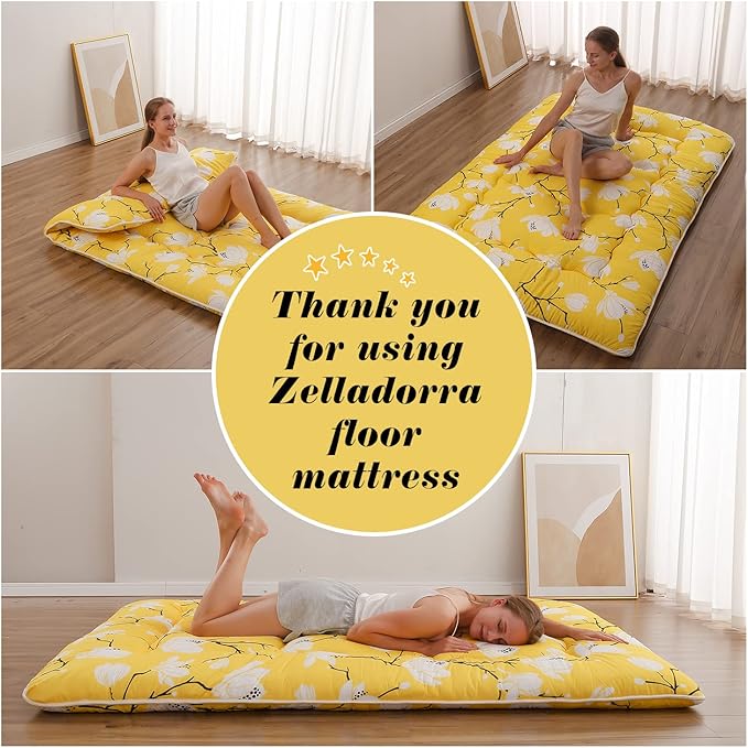 Japanese Floor Mattress, Futon Mattress with Portable Storage Bag and Washable Cover, Roll Up Thick Tatami Mat Suitable for Camping, Guest Room, Yellow Flower, Queen