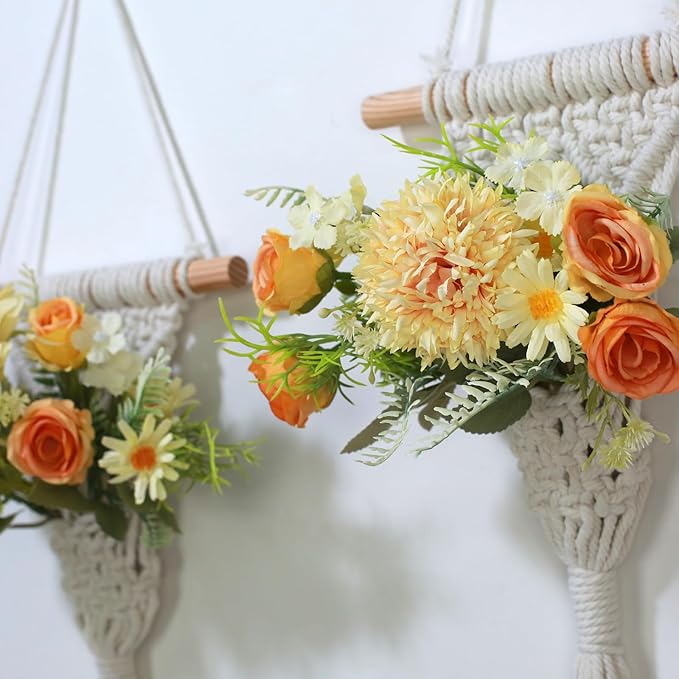 Macrame Wall Hanging, White Cotton Rope with Artificial Dahlia Flowers, 8x23 Inches, Handcrafted Boho Tapestry with LED Lights, Decorative Wall Art for Living Room, Bedroom (Banana Yellow)