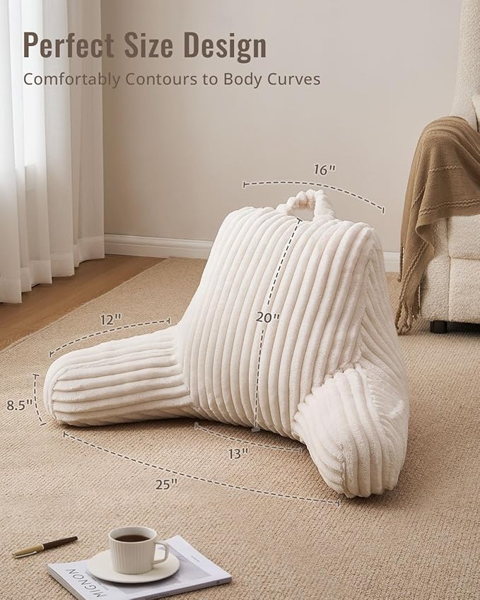 Blissful Diary Reading Pillow for Sitting in Bed, Large Flannel Back Pillow Bed Sitting Up for Adult & Children, Backrest Cushion for Sit Up in Couch or Floor, Dorm Essentials, Cream White