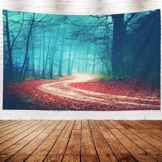 EMMTEEY Misty Forest Tapestry - Autumn Forest Road Red Leaves Pattern - 92.5X70.9 - Perfect for Friends & Families