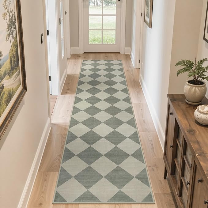 Beeiva Checkered Print Runners for Hallways Non Slip 2.5x12, Green Ultra Thin Washable Runner Rug Neutral Long Rugs for Hallway, Moroccan Plaid Floor Carpet for Kitchen, Modern Gingham Home Decor