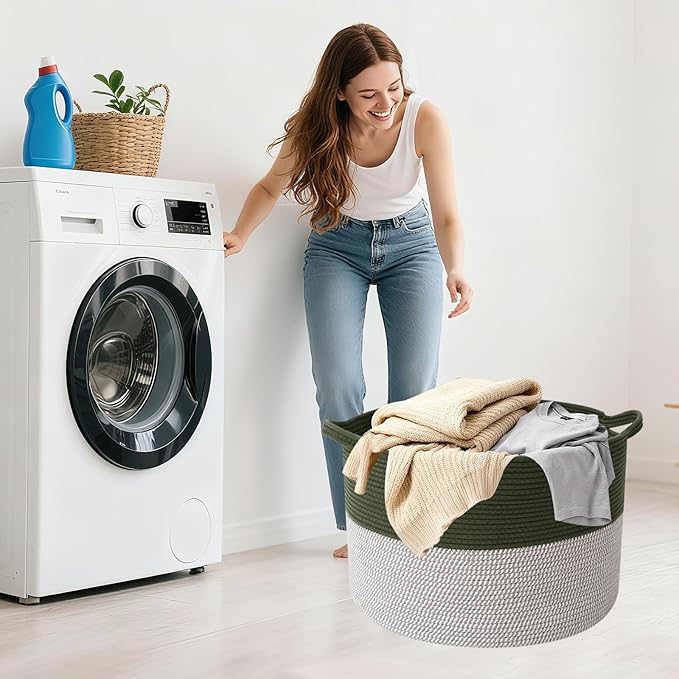 90L Large Blanket Basket,21.7"L x 21.7"W x 13.8"H Rope Woven Baskets with Handles, Toys Storage Bins,Laundry Basket Perfect for Living Room, Nursery,Bedroom,Home Organization,Green&White