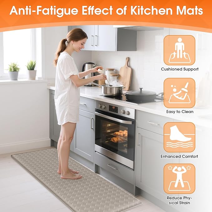 Kitchen Mats, 2PCS Kitchen Rugs, Cushioned Anti Fatigue Kitchen Mats for Floor, Non-Slip Standing Sink Mat, Waterproof Kitchen Rug Set for Kitchen Floor Office,17.3"×30"+17.3"×47" Brown