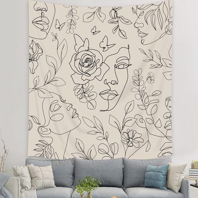 SVBright Abstract Woman Face Tapestry 51Wx59H Inch Floral Leaves Butterfly Art Line Lady Beige Black Flower Aesthetic Modern Sketch Minimalist Simple Wall Hanging Bedroom Living Room Dorm Decor Fabric