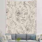 SVBright Abstract Woman Face Tapestry 51Wx59H Inch Floral Leaves Butterfly Art Line Lady Beige Black Flower Aesthetic Modern Sketch Minimalist Simple Wall Hanging Bedroom Living Room Dorm Decor Fabric