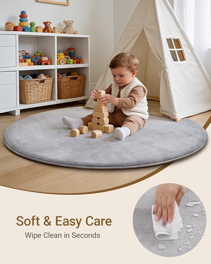 Thick Round Baby Play Mat for Floor,47 Inch Playpen Mat Foam Mats,Soft Support & Plush Feel Play Tent Mats for Infant,Kids,and Toddler Crawling,Non-Slip Back for Kids Indoor Playhouses(Light Grey)