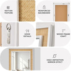 Rectangle Rattan Mirror, 20"x28" Rattan Wall Mirror, Farmhouse Wooden Vanity Mirror with Handmade Wicker Frame, Decorative Boho Mirror for Nursery Bedroom Living Room Entryway White