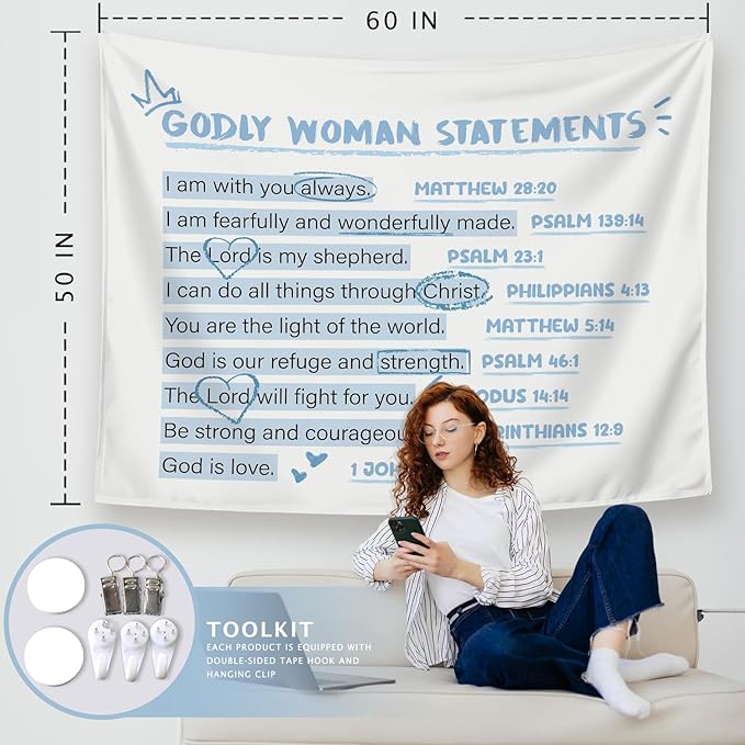 LIANGW Blue Bible Verses Christian Tapestry, Based Blue Room Decor Aesthetic, Inspirational Christian Tapestry for Women, Bible Aesthetic for Girls Bedroom for Dorm Room 50x60 Inch