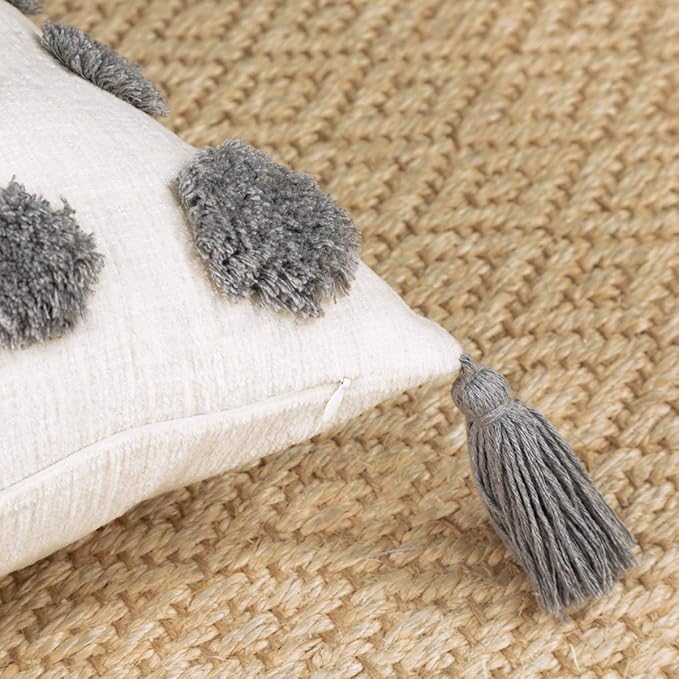 PLWORLD Boho Gray Throw Pillow Cover 20x20 Inch with Tassels, Pom Pom Tufted Decorative Cream Chenille Fabric Accent Textured Cushion Case for Bed Couch, 1 PC Cover Only No Insert