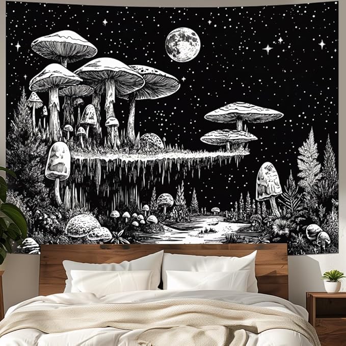 Yuiqear Black and White Mushroom Tapestry Fantasy Plant Floral Tapestries Moon Star Tapestries Starry Sky Tapestry Wall Hanging for Bedroom Decor