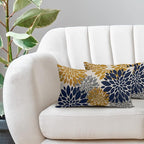 Navy Blue Yellow Pillow Covers 12X20 Inch Set of 2, Modern Geometry Dahlia Floral Print Decorative Rectangle Throw Pillow Covers Outdoor Farmhouse Cushion Case for Home Couch Sofa Bed Decoration