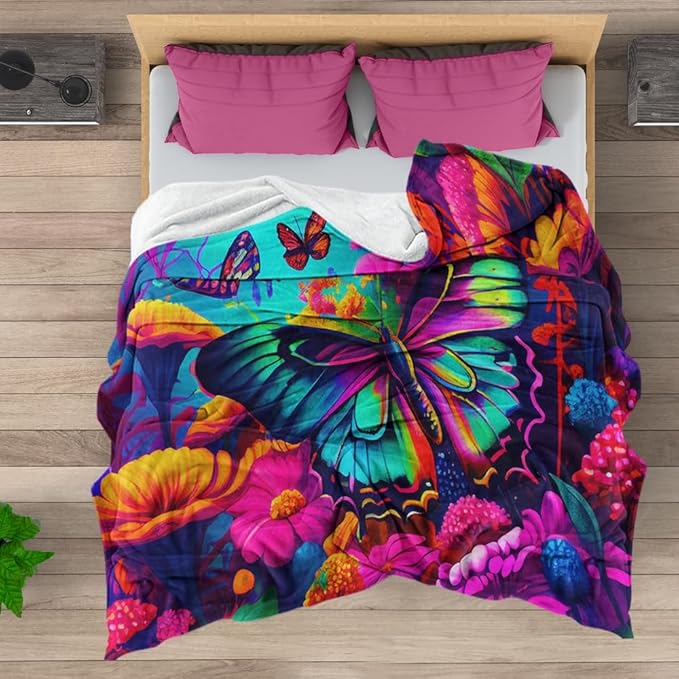 Pink Butterfly Fleece Throw Blanket, Rainbow Flying Butterfly Plush Blanket for Bed and Couch, Warm Fuzzy Cozy Throws for Kids and Adults 70"x80"