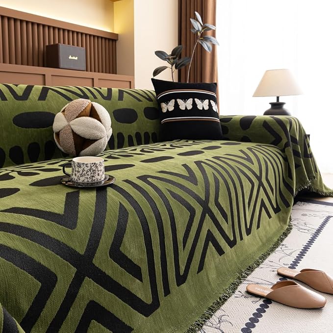 ROOMLIFE Green Couch Cover 3 Cushion Sofa, Washable Non Slip Furniture Sofa Protector Cover, Soft Chenille Sofa Slipcovers Sectional L Shape Dogs Couch Cover Throw Blanket with Tassels 71''X150''