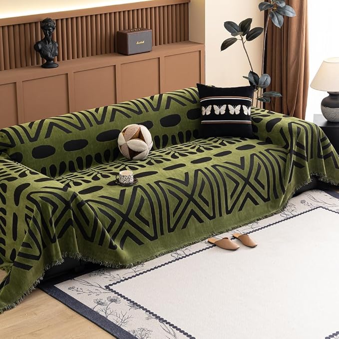 ROOMLIFE Green Couch Cover 3 Cushion Sofa, Washable Non Slip Furniture Sofa Protector Cover, Soft Chenille Sofa Slipcovers Sectional L Shape Dogs Couch Cover Throw Blanket with Tassels 71''X134''
