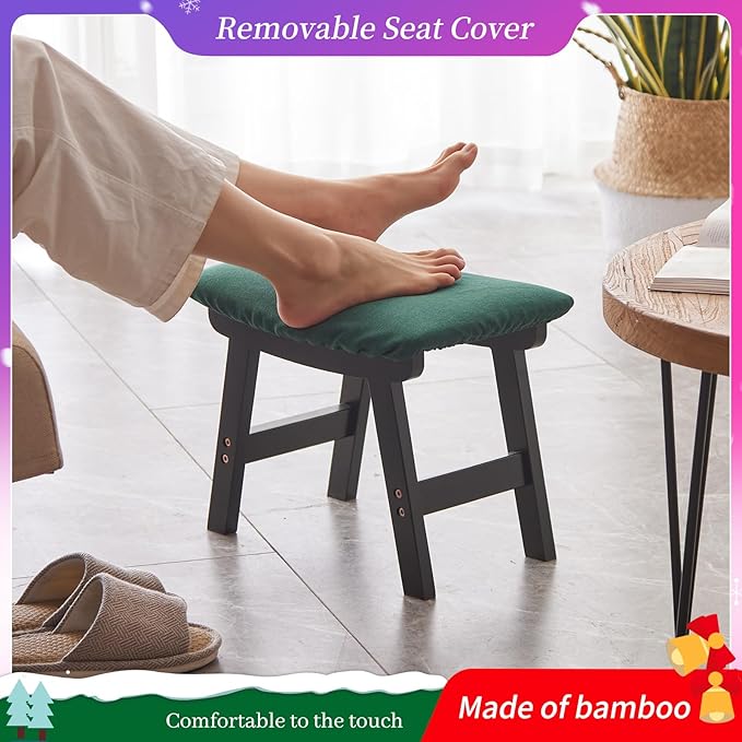 Foot Stool,Ottoman,Bamboo Small Sofa Foot Rest Under Desk,Extra Seating for Living Room, Bedroom and Kitchen (Black Stool Legs - Green Surface)