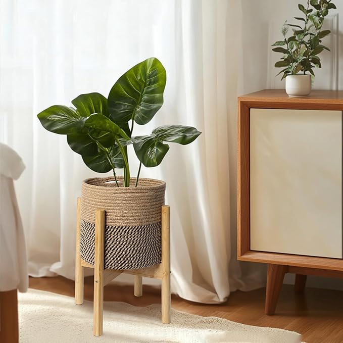 Plant Basket with Stand, Indoor Round Wicker Basket Plant with Bamboo Wood Stand, Decorative Woven Rope Flower Indoor Planter with Legs, Boho Bamboo Wood Planter Holder (Jute Black Stripes)
