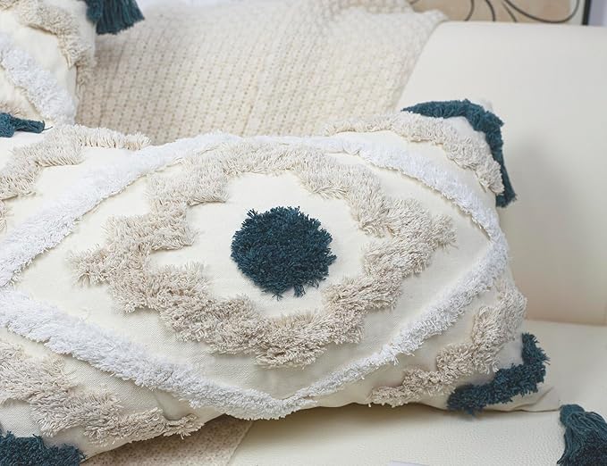 Decorative Farmhouse Throw Pillow Covers 12 x 20,Modern Neutral Couch Pillow Cover,Cotton Checked Pattern Boho Lumbar Pillow Case Cover for Couch Bed Sofa Bedroom,Blue&Beige&White