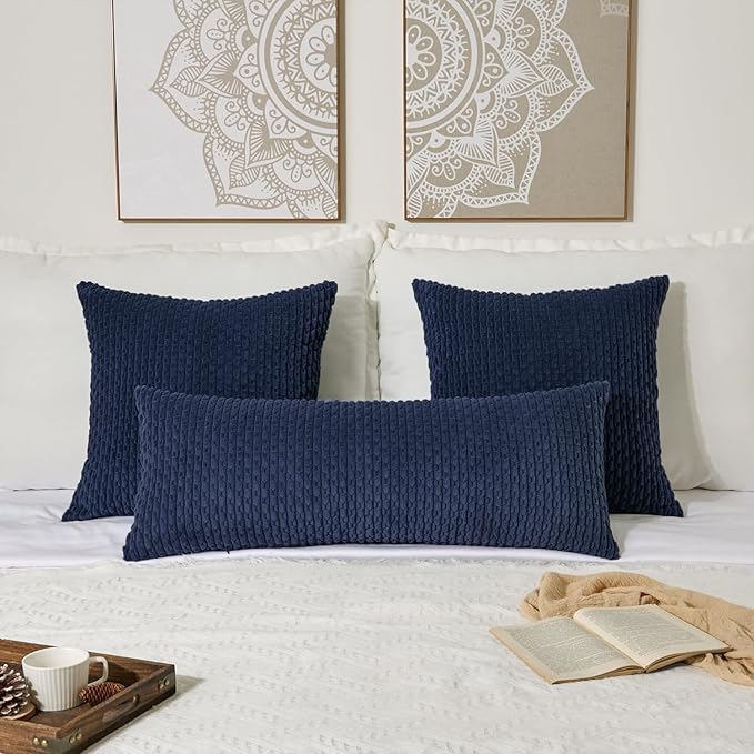 Kevin Textile 14x36 Inch Long Lumbar 1 Pack Boho Decorative Throw Pillow Cover Soft Striped Corduroy Rectangle Cushion Case Farmhouse Solid Color Accent for Living Room Couch Sofa Bed, Navy Blue