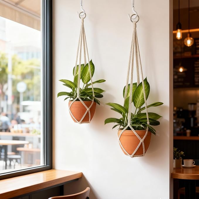 2Pcs Macrame Plant Hanger Plant Hanger Indoor Hanging Planters for Indoor Plants Decorative Modern Style Hand Knotted Woven Cotton Rope for Boho Home Decor No Tassels