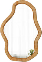 Asymmetrical Mirror 22 X 30 Inch, Hanging Boho Wavy Rattan Mirrors for Wall, Handmade Wicker Irregular Decorative Mirrors for Living Room Hallway Entryway Bedroom Bathroom