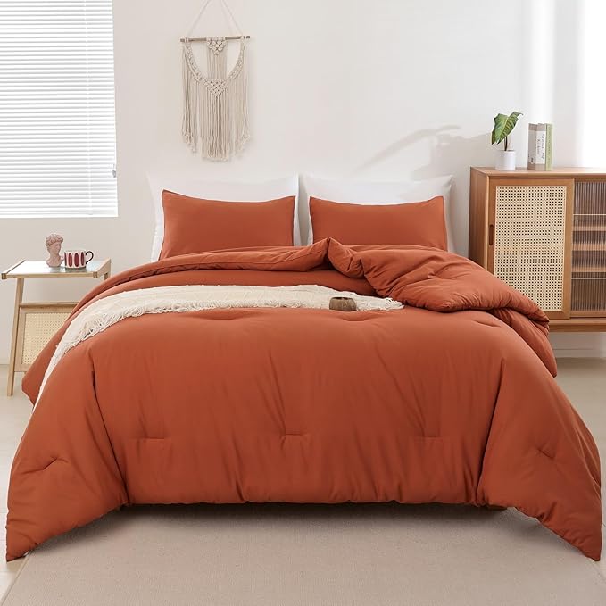ROSGONIA California King Comforter Set Burnt Orange,3pcs(1 Boho Terracotta Cal King Comforter & 2 Pillowcases),All Season Rust Blanket Quilt Oversized