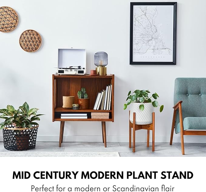 Fox & Fern Mid Century Plant Stand — 8 Inch Fixed Size Wooden Plant Stand for Indoor Planters (Not Included) - Raised Flower Pot Holder for Indoors - Plug In Design - Two Height Options - Acacia