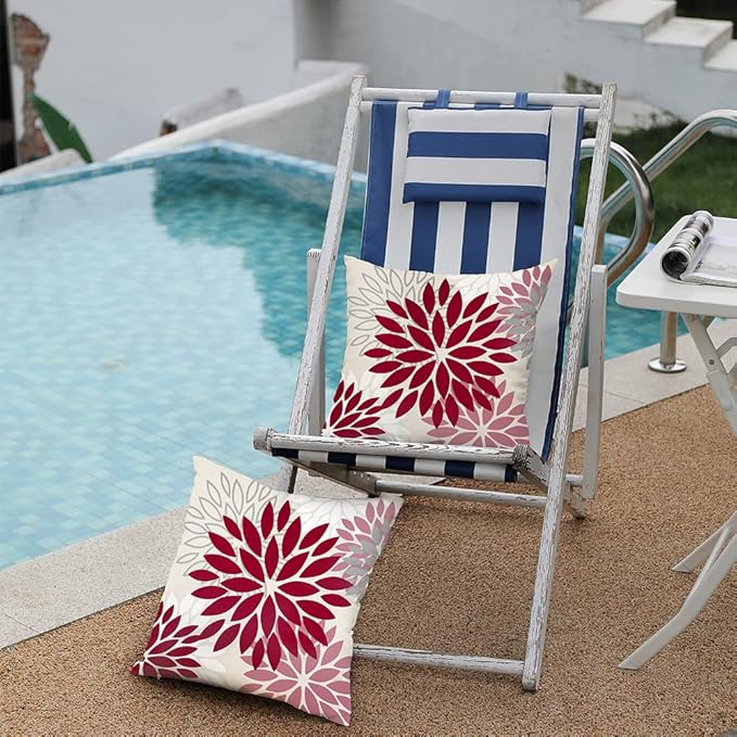 DFXSZ Wine Red Pink Flower Pillow Covers 18x18 Inch Set of 2 Outdoor Throw Pillows Outdoor Waterproof Decor for Living Room Sofa Patio Funiture Garden Floral Polyester Pillow Covers 002R18
