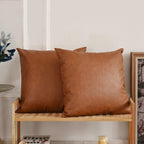 Tosewever Faux Leather Throw Pillow Covers, 20 x 20 inch Set of 2 Luxury Cognac Brown Modern Pillowcases Solid Decorative Square Cushion Cases for Bedroom Living Room Couch Bed Sofa (Brown, 20" x 20")