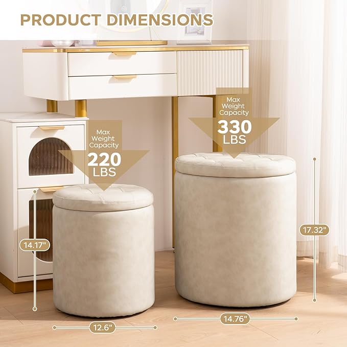 Faux Leather Round Ottoman with Storage 12.6" W x 14.17" H & 14.76" W x 17.32" H Set of 2, Small Boucle Coffee Table Footstool with Removable Lid for Living Room, Bedroom, Beige