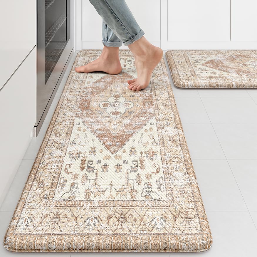 KIMODE Farmhouse Kitchen Mats Cushioned Anti Fatigue Khaki Kitchen Rugs Sets of 2, Non Slip Waterproof Kitchen Floor Mats, Ergonomic MemoryFoam Standing Mat for Laundry Room Decor, Office, Sink, Desk - color: Light Khaki, size: 17.3" x 47 "+ 17.3" x 29 "-