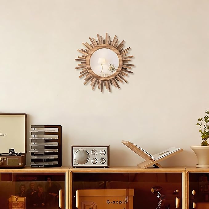12 Inch Boho Sunburst Mirror, Round Wooden Wall Decor Starburst Sun Mirror for Bedroom, Living Room, Bathroom, Hallway, Balcony, Farmhouse Entryway, Housewarming Gift