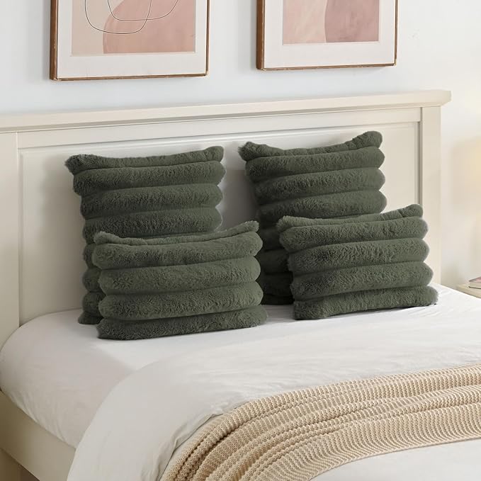 FUTEI Olive Green Decorative Throw Pillow Covers 26x26 Inch Set of 2, Square Soft Faux Rabbit Fur Big Striped Cushion Cover,Home Decor for Couch Sofa Bed Living Room