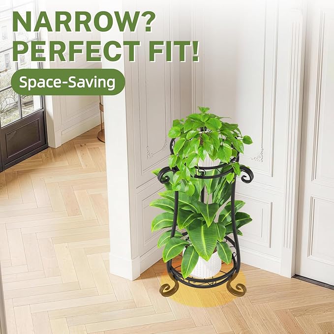 iDavosic.ly 2 Tier Metal Plant Stand Indoor Outdoor, Iron Corner Tall Flower Pot Holder Shelf, 27 Inch Vertical Heavy Duty Display Rack for Patio Porch Living Room Garden, Black