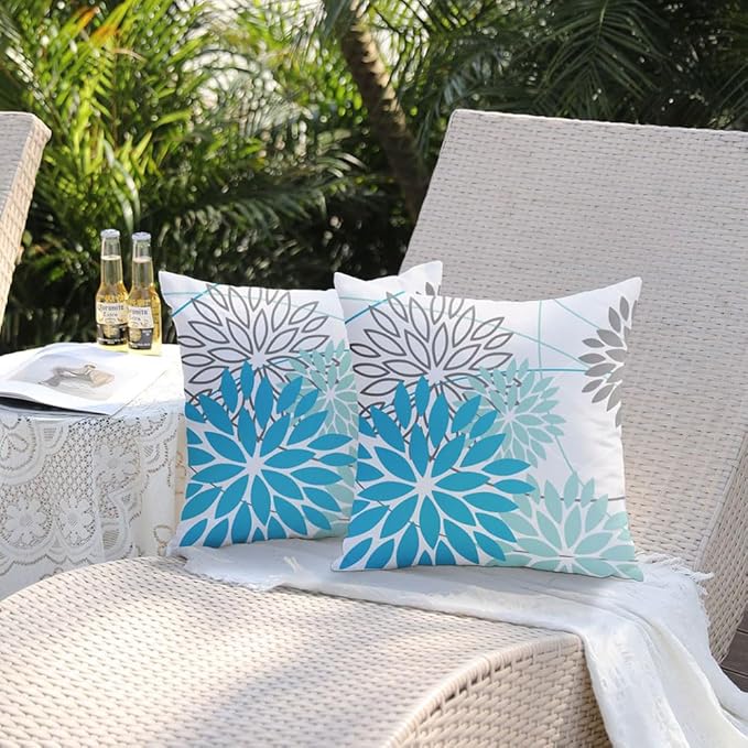 DFXSZ Outdoor Waterproof Summer Pillow Covers 16x16 Set of 2 Blue Floral Decorative Pillowcase for Patio Furniture 01S16