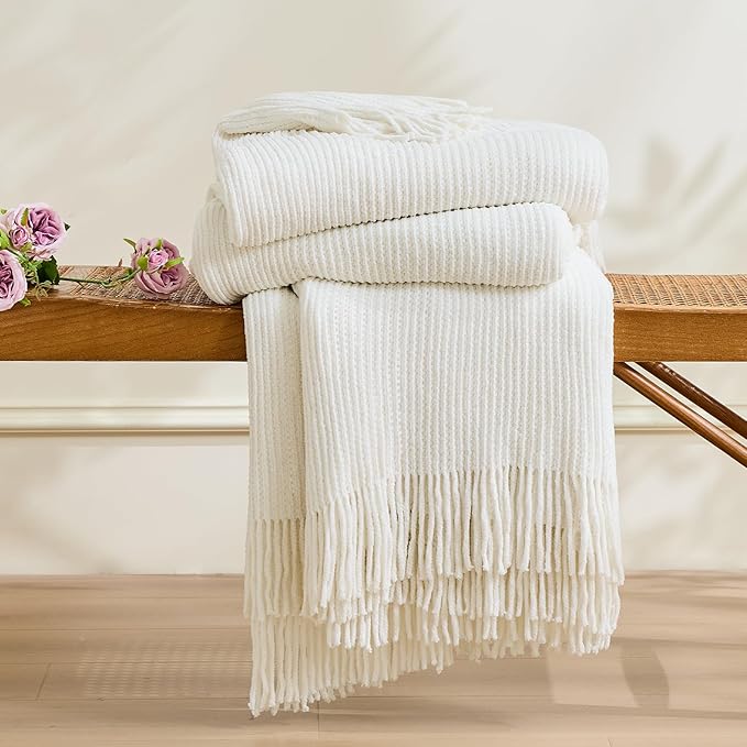 inhand Throw Blanket for Couch Bed,Chunky Chenille Woven Soft Blankets with Tassels,Cozy Boho Farmhouse Fall Winter Decor,Warm for Women,50"x60",Extra Thick-Off White