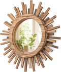 12 Inch Boho Sunburst Mirror, Round Wooden Wall Decor Starburst Sun Mirror for Bedroom, Living Room, Bathroom, Hallway, Balcony, Farmhouse Entryway, Housewarming Gift