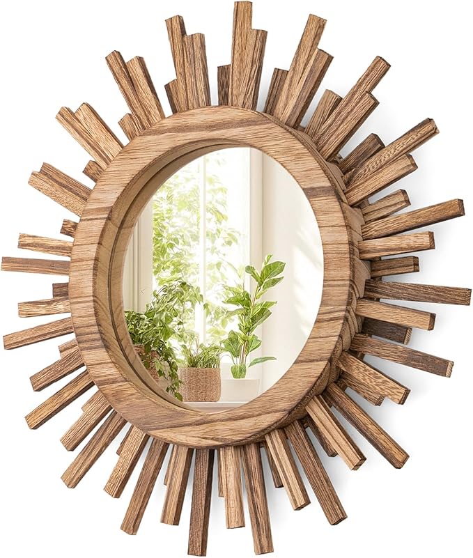12 Inch Boho Sunburst Mirror, Round Wooden Wall Decor Starburst Sun Mirror for Bedroom, Living Room, Bathroom, Hallway, Balcony, Farmhouse Entryway, Housewarming Gift