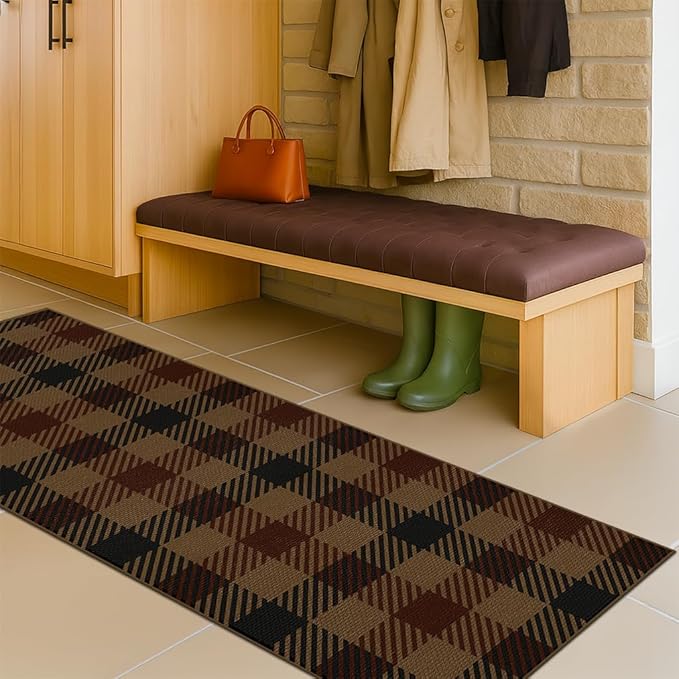 JTJ 2x6 Easy Jute Runner for Indoor Entrance - Outdoor Runner Rug for Patio, Kitchen Runners Non Skid Washable 6ft - Vintage, Mudroom, Washable Stain Resistent Carbin Brown and Red Checkered Décor